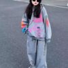 2025 Autumn New Girls' Two-Piece Set (Girls Clothes 10 to 12) - Hooded Sweatshirt with Unique Heart & Colorful Graffiti Print + Casual Trendy Wide-Leg Pants, Perfect for Outdoor
