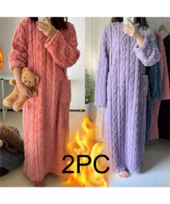 YMK 2pcs Set Pink & Purple Plush Robe - Winter-Ready Thickened unisex 's Long Robe with Twist Texture & Large Pockets, Cozy Loose-Fit Loungewear for home, Spa, or Pajamas (Machine Washable) -