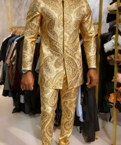 2pcs set, European and American style Men's casual sports suit, featuring a long-sleeve shirt paired with casual pants, fully printed with glossy geometric patterns and rich embossed motifs. Made of lightweight fabric for a Light Beige-friendly and