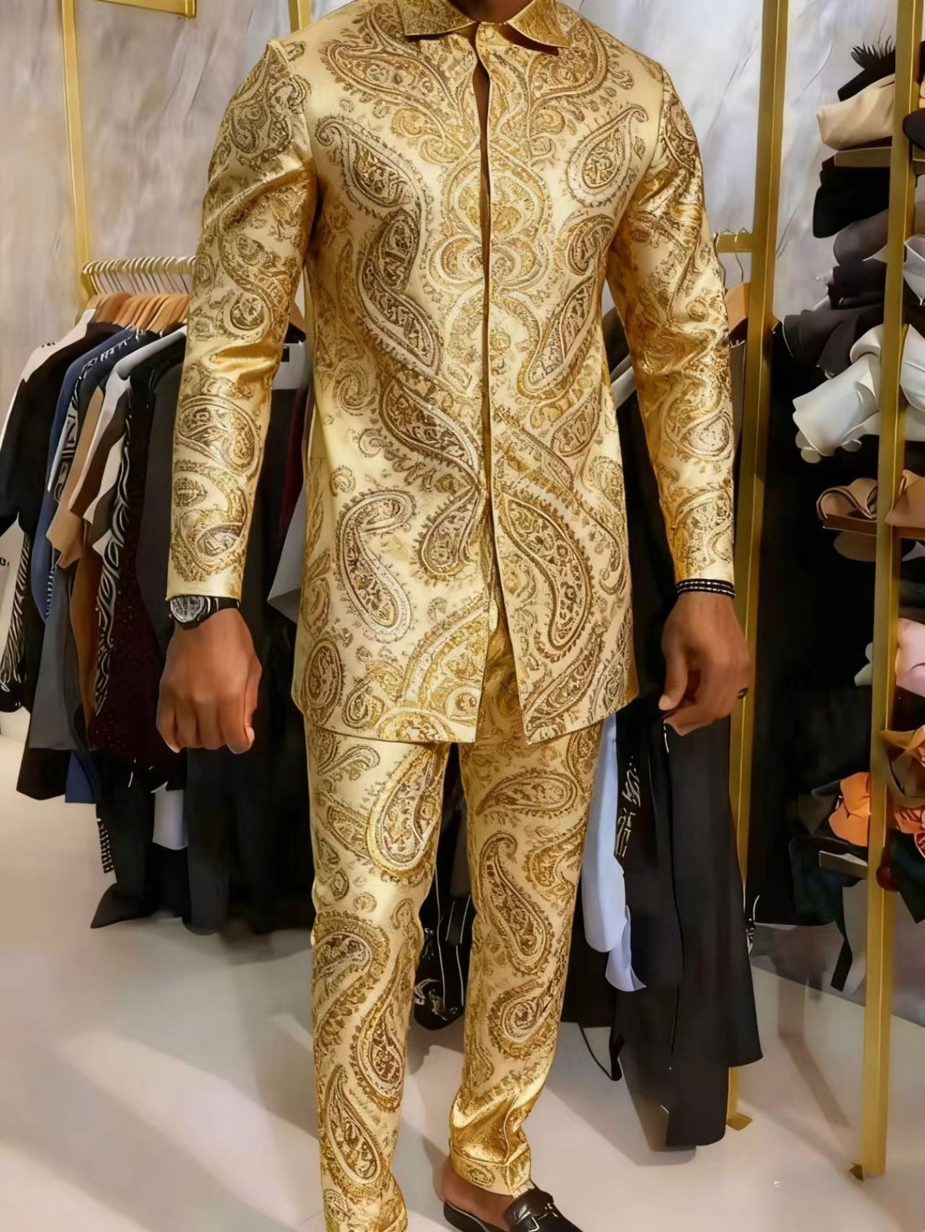 2pcs set, European and American style Men's casual sports suit, featuring a long-sleeve shirt paired with casual pants, fully printed with glossy geometric patterns and rich embossed motifs. Made of lightweight fabric for a Light Beige-friendly and