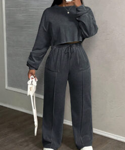 Women'S Vintage Two-Piece Crop Sweatshirt And Drawstring Wide-Leg Pants Set | Retro Casual Style, Flattering & Relaxed, Perfect for Everyday Wear, Lounging, And Casual Events