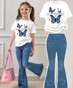 Two-piece Western-style summer outfit for girls- white bow-print T-shirt+ blue flared jeans with faux denim fringed details(ages 6-14), suitable for casual play, parties, and Casual Attire, perfect for outdoor activities., Perfect for Outdoor