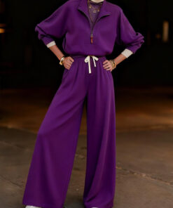 2pcs Set: Deep Purple Half-Zip Oversized Hoodie + Wide-Leg Sweatpants for Women | Trendy, Cool, and Effortlessly Chic Everyday Style, Perfect for Casual Outings, Relaxed Dates, and Spring/Fall Occasions