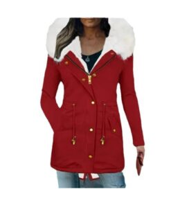 Women'S Winter Warm Full-Fur Collar Hooded Parka Jacket - Thickened Mid-Length Zipper Coat with Full-Zip Closure, Golden-Tone Hardware & Red/ Color Options, Casual Outerwear for Fall & Winter, Stylish Cold-Weather Outer Layer (European & American St