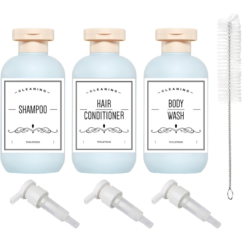 200 Qeuly Squeeze Bottles with Pump Dispenser and Flip Cap | 6.8 oz Refillable Travel Containers for Toiletries, Plastic, Blue