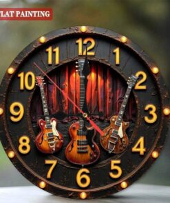 Vintage & Roll Music Studio Wall Clock - 10 Inch Large Face Silent Non-Ticking with Neon-Lit Style Numbers, Golden Hands & Guitar Hands - Ideal for Living Room, Bar, Music Room Decor - Ideal Gift for Musicians & Fans (Battery Not Included) - Rusted Metal Design with Multicolor Face & Black Center - Easy-to-Read Large Numbers for Music Lovers
