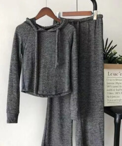 2pcs Set: Gray Hooded Cropped Sweatshirt + Wide-Leg Pants Set for Women | Relaxed and comfortable casual style, perfect for lounging at home, errands, light commuting, and spring/fall occasions.