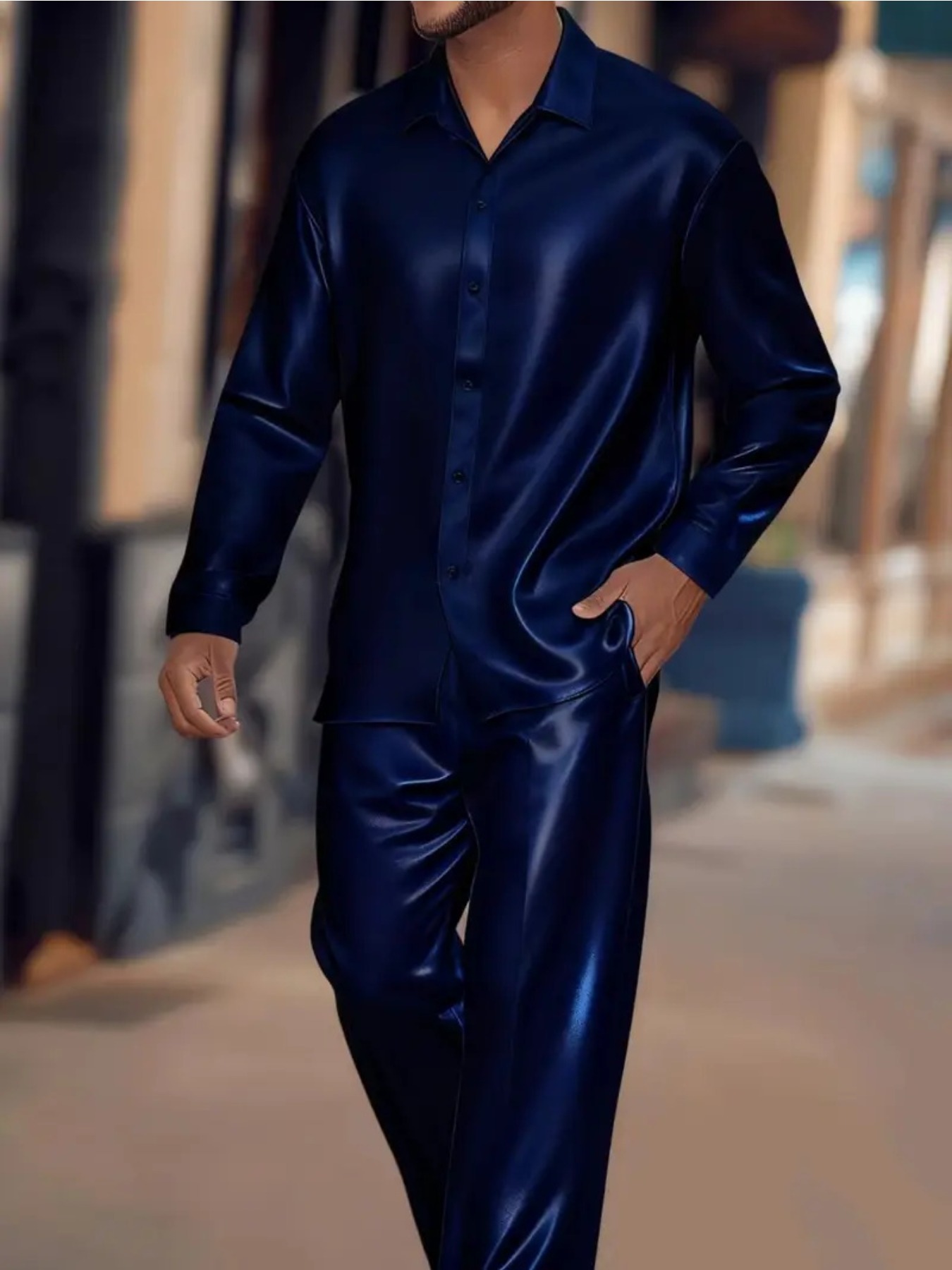 2025 Autumn New High End Deep Sea Gemstone Bright Blue Men'S Shirt Set | Fashionable Collar Top + Casual Straight Pants, Suitable for Office, Outing, Business Gathering, Loose Fit, Lazy and Noble Style, Fabric