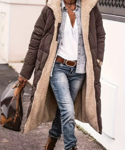 Women'S Winter Double-Breasted Raglan Sleeve Hooded Coat- Windproof Warm Longline Loose Fit Outerwear with Zipper Front, Machine Washable Solid Color for Casual& Office Wear