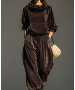 2pcs Women's Retro Hooded Sweatsuit & Cuffed Pants - Cozy Pocketed Oversuit, Hand Washable Winter Matching for Lazy Days, Vintage Loose Fit for Commuting or Lounging (No Stretch)