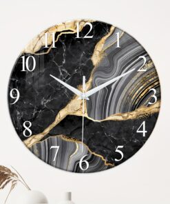 39.37inch/39.37inch-like (12.0-16.0inch) Large Modern Marble Wall Clock - Black Golden Veining Marble, Golden Hands, Movement (Battery, Hands-On) - Large Round Tempered Glass Face for Living Room, -