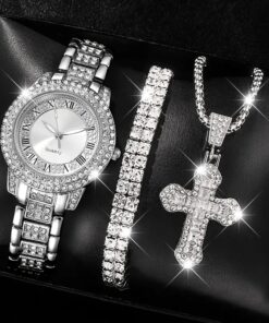 3pcs Luxury Women's Watch & Jewelry Set - Vintage Roman Numeral Quartz Watch with Rhinestone Cross Pendant Necklace & Bracelet, Alloy Case & - Elegant,, Prom - Suitable for Weddings, Parties, Daily Wear
