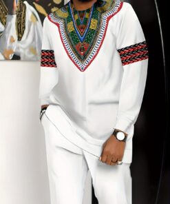 European And American Men'S Fashion Simple Lines Geometric Pattern Long-Sleeved Trouser Suit, Men'S Breathable Skin-Friendly Long-Sleeved Round Neck Top Casual Trouser Suit