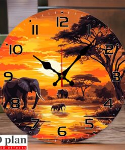 A 10-inch African elephant sunset wall clock - a silent wood veneer round clock, designed by Savannah and Elephant - battery-powered (battery not included) - perfect for living rooms, bedrooms, outdoor decoration, and elephant decoration