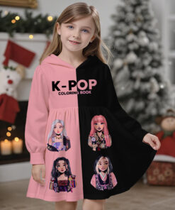Girls' K-POP Themed Hooded Dress - Idol Group Print Pink & Black Contrast Flared Swe dress for Winter Fan Conventions, & Parties | Machine Washable K-Pop Outfit for Korean Pop Fans