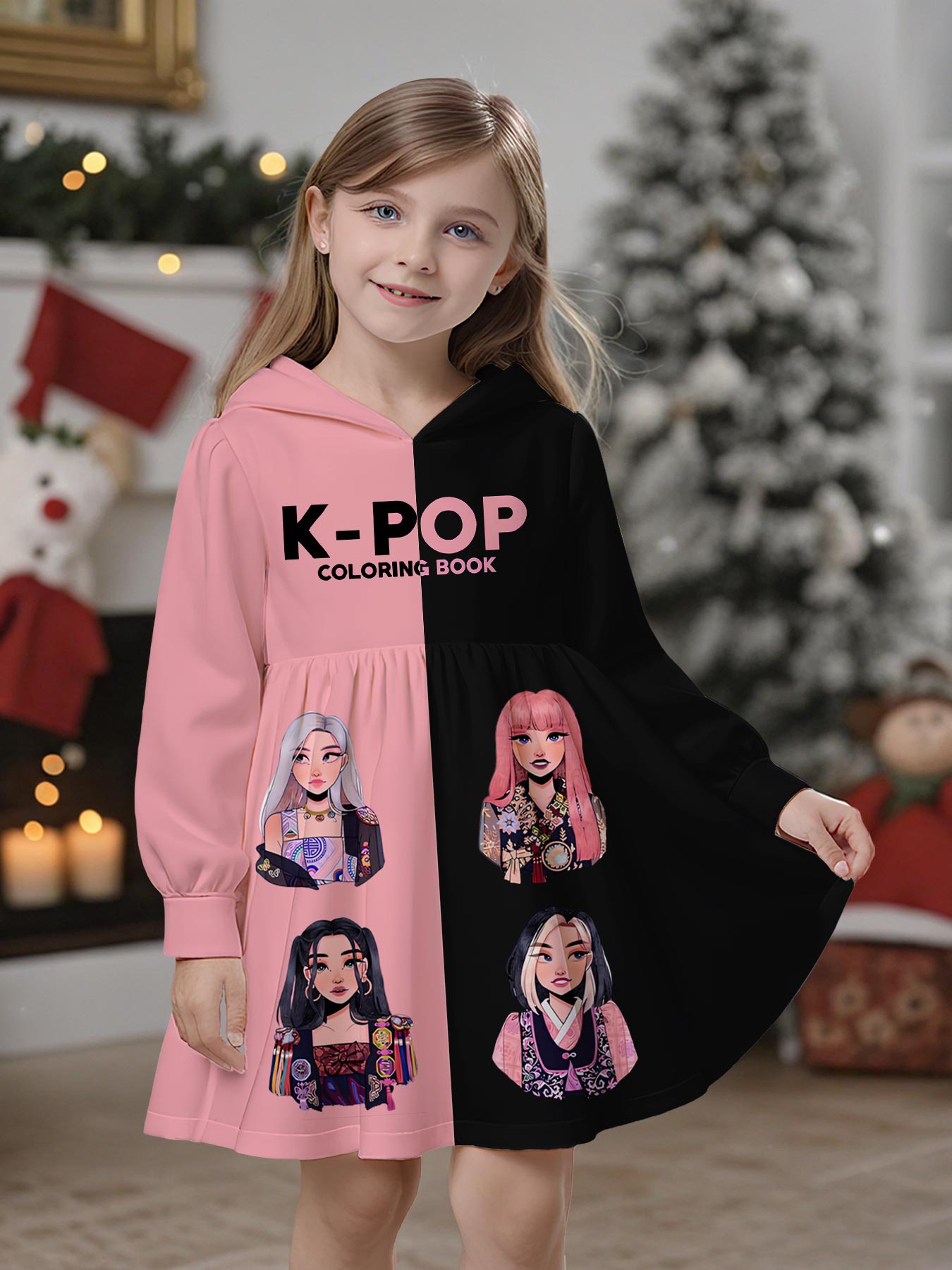 Girls' K-POP Themed Hooded Dress - Idol Group Print Pink & Black Contrast Flared Swe dress for Winter Fan Conventions, & Parties | Machine Washable K-Pop Outfit for Korean Pop Fans