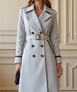 Light Gray Double-Breasted Contrast-Trim Waist-Cinched Trench Coat for Women | Capable Elegant Style, Suitable for Office Commute, Formal Occasions and Intellectual Outfit Style