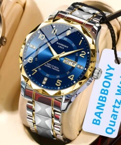 1 BANBONY Stainless Steel Quartz Watch - Blue & Golden Luxury Dial, IPX7 Waterproof, Date/Day Display, Elegant Watch for Men & Women - Ideal Birthday, Anniversary, Party Gift, Casual Wear, Stylish Wristwatch, Durable Wristwatch, Multifunctional Timepiece, Fashion Enthusiasts
