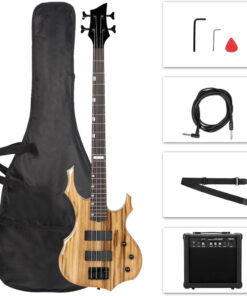Full Size Electric Bass Guitar with 20 Watt Amplifier | Flame Design, Maple Fretboard, Portable Bass Bag, Superior Amp Wire, Adjustable Guitar Strap, Plectrum, Wrench Tool