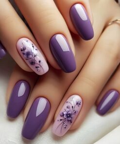 48pcs Purple Blossom Press-On Nails Set with Pink & Lavender Glossy Short Square Fake Nails Tips, Floral & White Tips + Jelly Glue & Nail File Kit - Easy Application for Women, Wedding, Party, Daily Wear (No Nails)