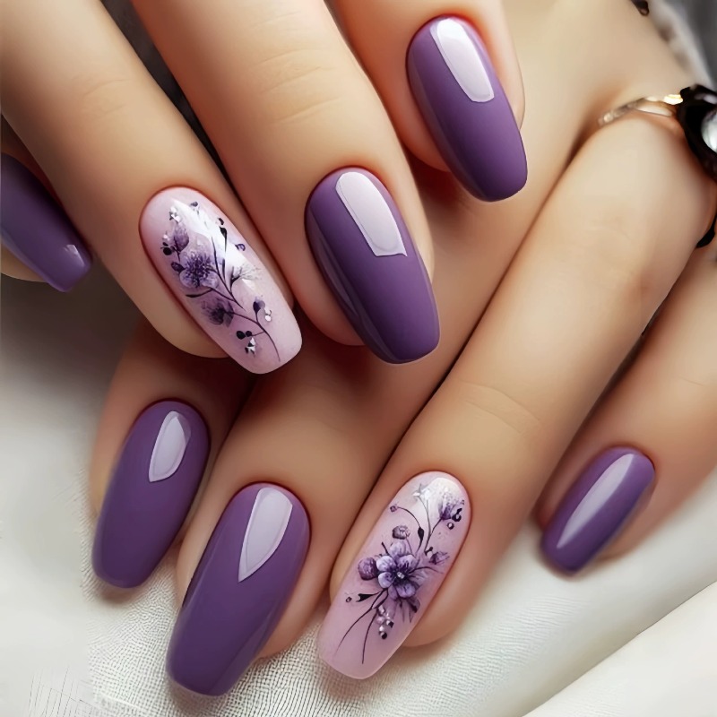 48pcs Purple Blossom Press-On Nails Set with Pink & Lavender Glossy Short Square Fake Nails Tips, Floral & White Tips + Jelly Glue & Nail File Kit - Easy Application for Women, Wedding, Party, Daily Wear (No Nails)