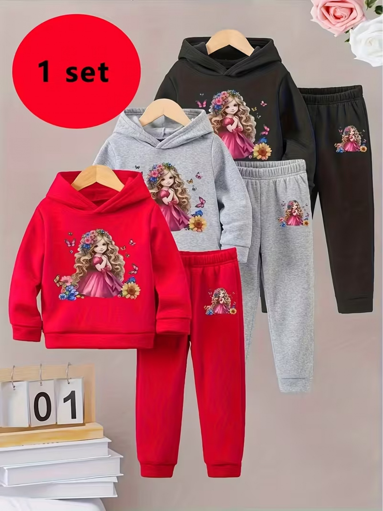 Two-Piece Set (Randomly Send One Set) - New Autumn/Winter Cute Pattern Print Fleece-Lined Hooded Sweatshirt And Sports Pants, for Outdoor