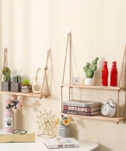 Wooden Floating Shelves for Wall Plant Flower Wood Swing Hanging Rope Storage Home Living Room Decor 1/2/3-tier