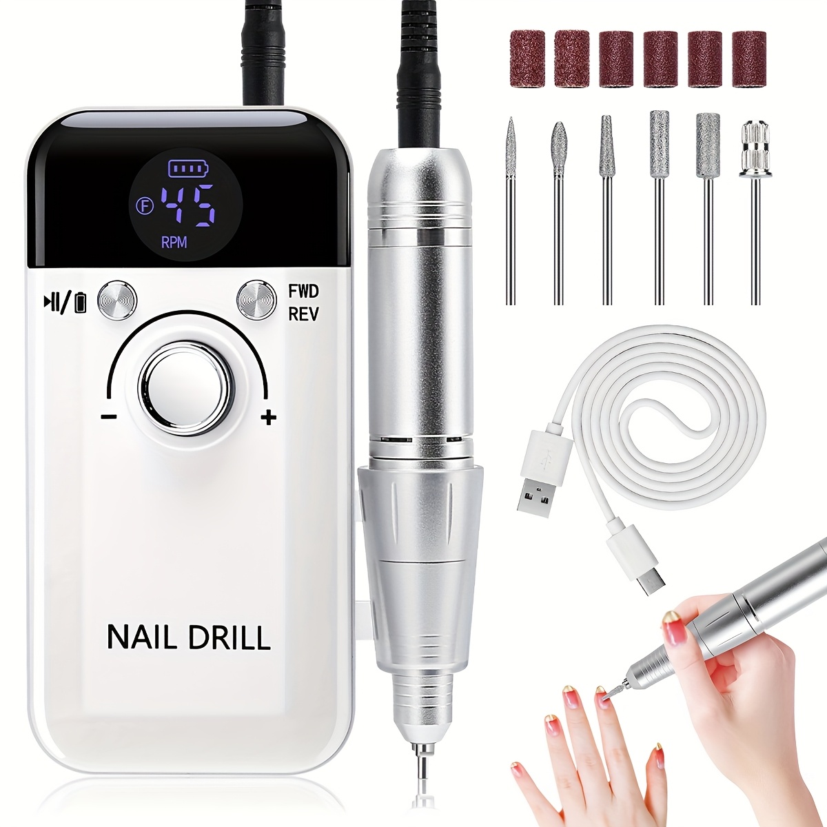 Professional Cordless Nail Drill Machine 45000 RPM with Digital Display - USB Rechargeable Portable Nail Drill for Home & Travel, Formaldehyde-Free, Includes Multiple Attachments & Cleaning Brush, Userfriendly Interface, Formaldehydefree Technology