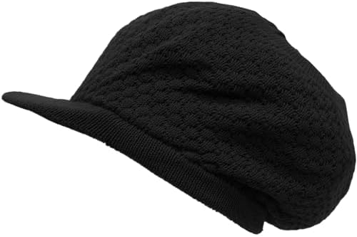 SSK Rasta Knit Tam Hat Dreadlock Cap (Large Round Solid Black w/Brim) at Marigold Mall Men’s Clothing store