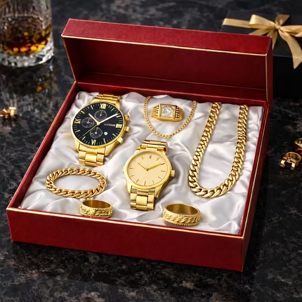 Men'S Luxury Watch & Ornament Set | Date Function | Perfect For Business & Casual Wear | Elegant Alloy Accessory. Ideal Gift For Christmas, Black Friday, Halloween & Valentine'S Day | Perfect Present For Lovers, Family & Friends, Without Battery