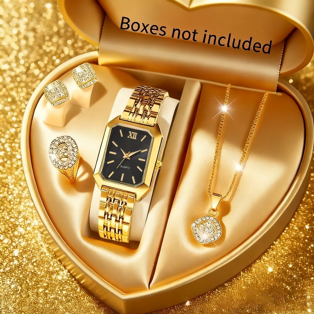 5pcs Women'S Stylish Elegant- Golden Tone Quartz Watch& Jewelry Set- Square Golden White Dial with Matching Necklace, Earrings, Ring- Parties Jewellery for women Set- Ideal Choice for Christmas Gift, Formal Occasions, Party Accessories