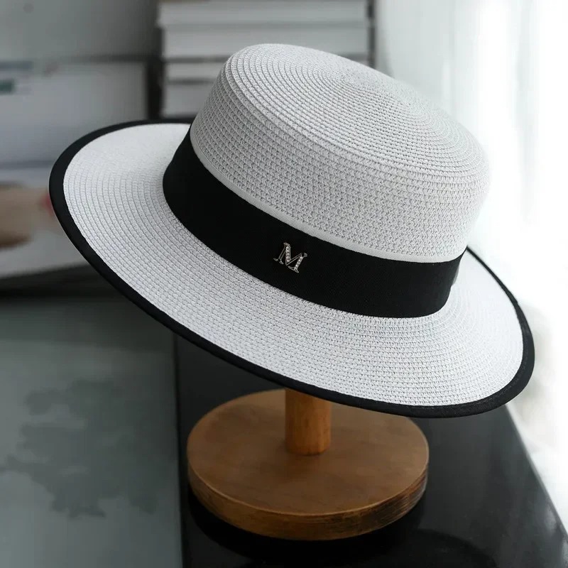 2D Flat, 1pc Women's M-shaped Rhinestone Straw Flat Top Top Hat, Summer Flat-brimmed Sun Hat, Outdoor Travel Garden Hat