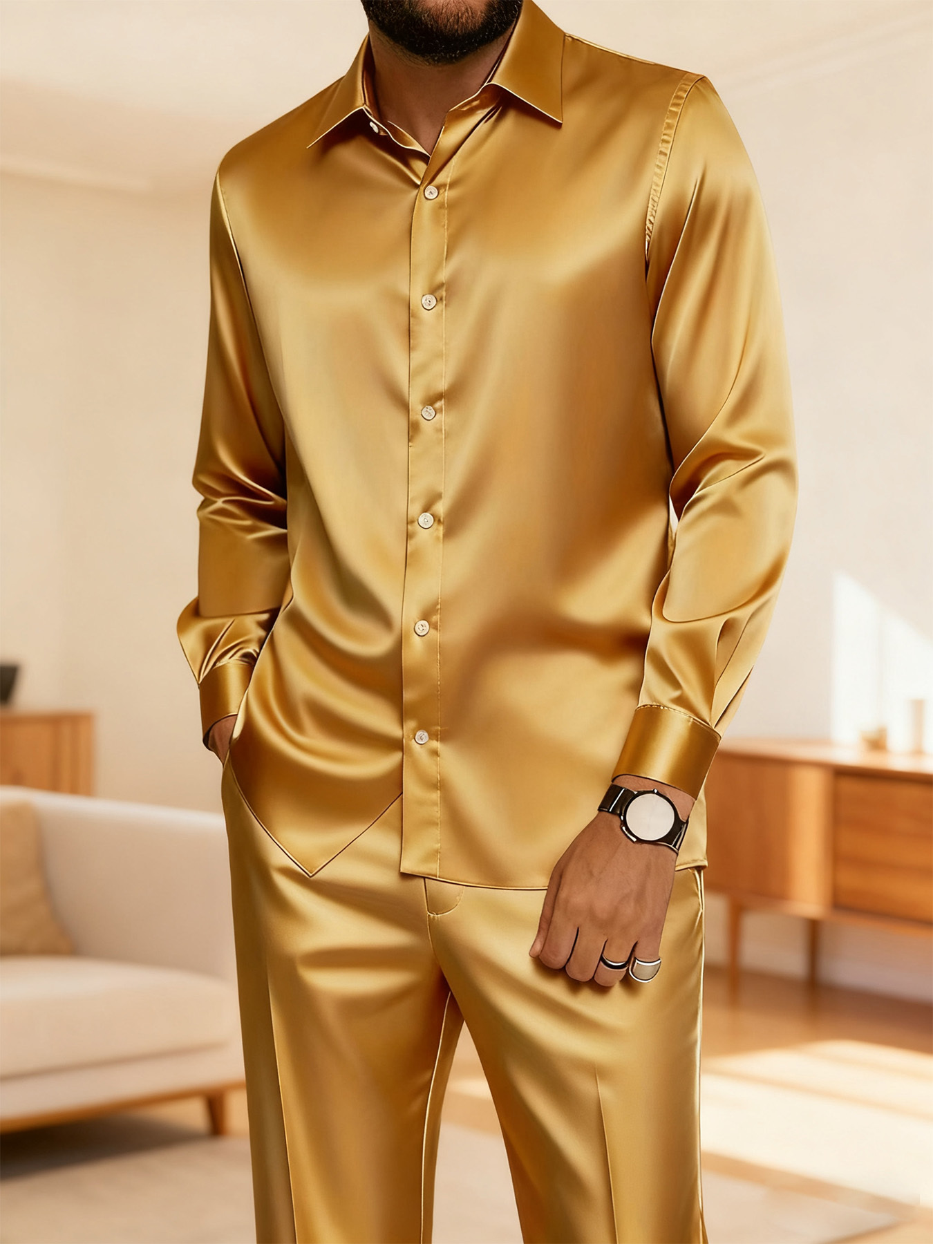 Men'S Loungewear Set, Plain Long-Sleeve Shirt Paired with Long Pants, Classic, Simple And Elegant, Suitable for Home, Vacation, Casual Gatherings, And Outdoor Walks., for home Wear, Vacation Outfit, Simple Fashion, Classic Design, Breathable Fabric