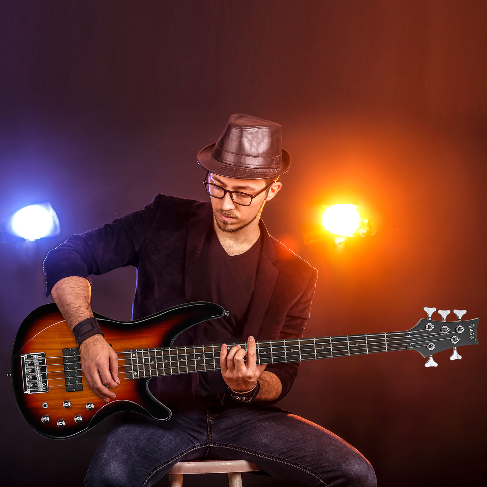 Electric Bass Guitar with a 44-Inch GIB 5-String H-H Pickup, Featuring a Laurel Wood Fingerboard, Accompanied by a And Additional Additions in Sunset Color