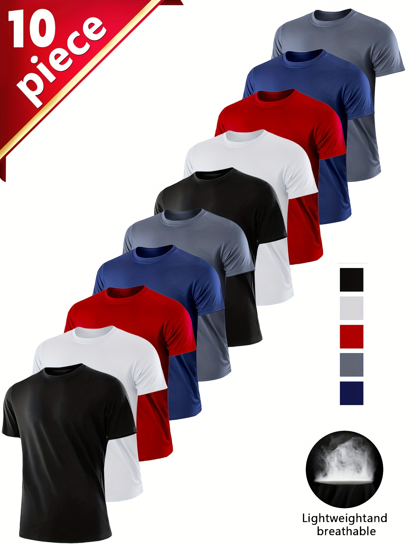 10 Men'S Quick Drying Running T-shirts, Fashionable Solid Color Round Neck Short Sleeved Sports Tops, Breathable And Moisture Absorbing Round Neck T-shirts, Suitable For Fitness And Daily Casual Wear