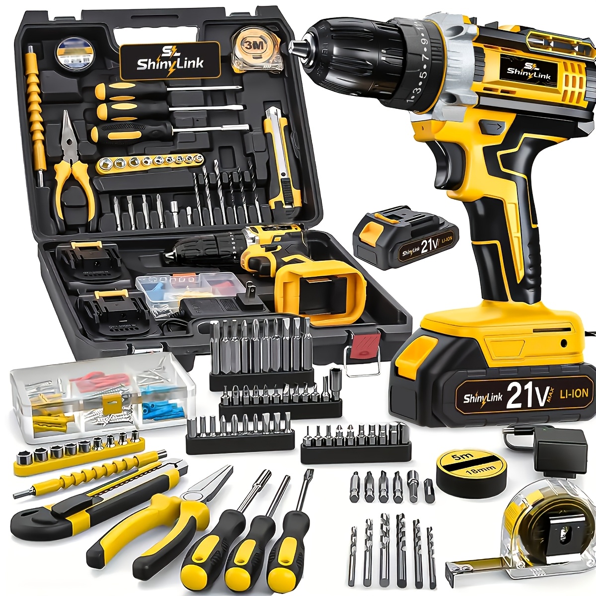[21V Cordless Drill Set] 136/30/18pcs Electric Drill Tool Box Set | Electric Drill Cordless Set Rechargeable, Equipped With 1/2 Battery, Cordless Drill Driver With Hand Tools, Screwdriver, Bits Set And Tool Box For, Home Repair, Gift For Men