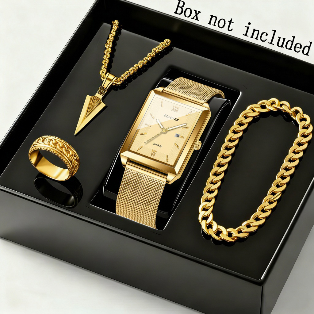 4pcs/Set Fashion Men'S Quartz Watch & Necklace Bracelet Set | Men'S Necklaces Ring, Men'S Bracelets Business Watch | Elegant Watch For Men, Zinc Alloy Case, Stainless Steel Strap, Non-Rechargeable Button Battery