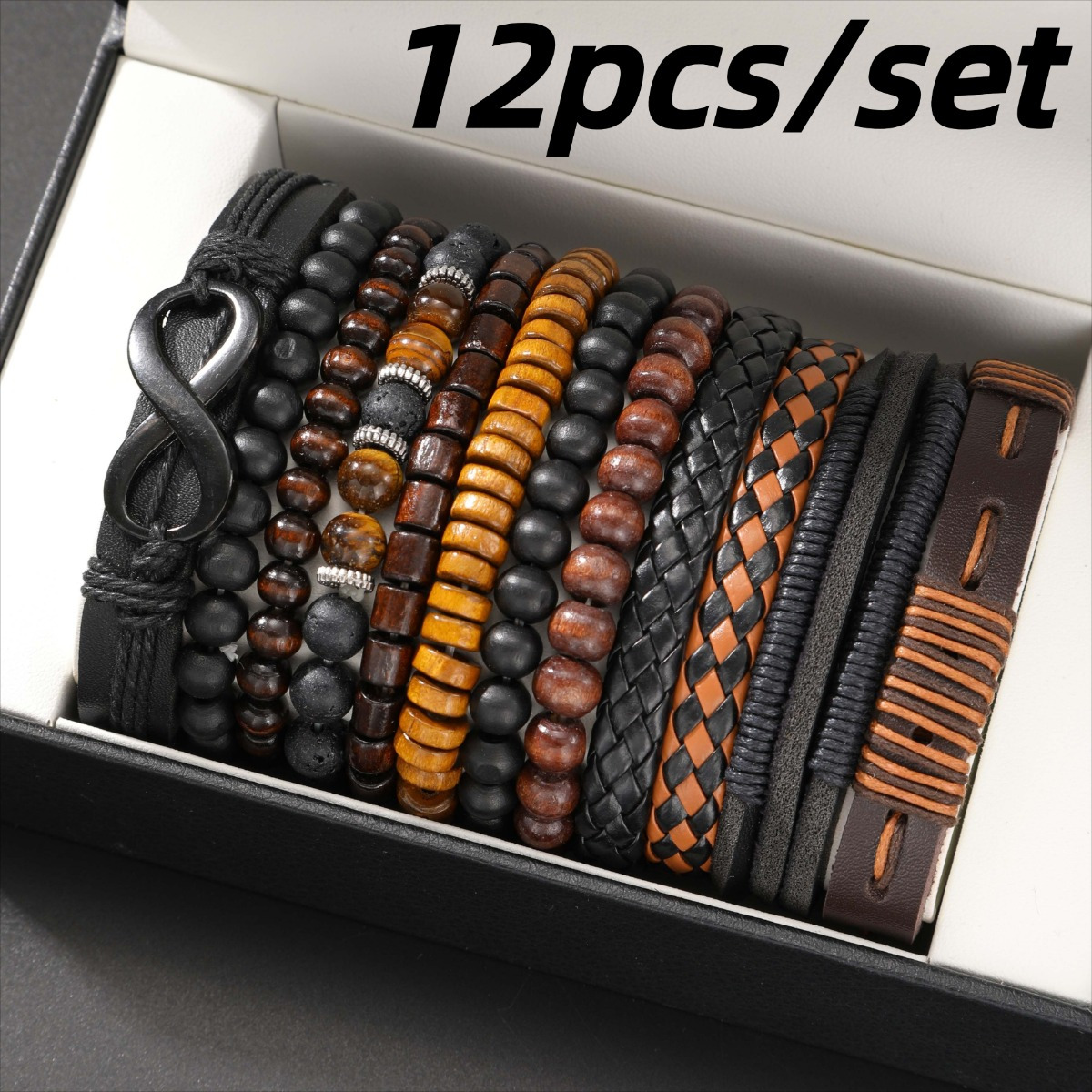 12pcs Vintage Men's Bracelet Set Woven Leather Tiger Eye Stone and Moonstone Beads Synthetic Fiber Rope Suitable for Casual and Party Wear Fashionable Jewelry