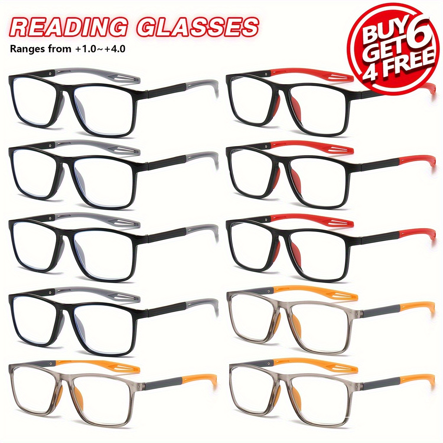 10pcs Value Pack Reading Glasses - Buy 6 Get 4 Free, Thin Frame with Non-Slip Flexible Temples & Nose Pads, +1.0 to +4.0 Diopters (10 Strengths), 4 Colors (Black/Orange/Red/Gray) - Unisex for Men & Women, Computer, Driving